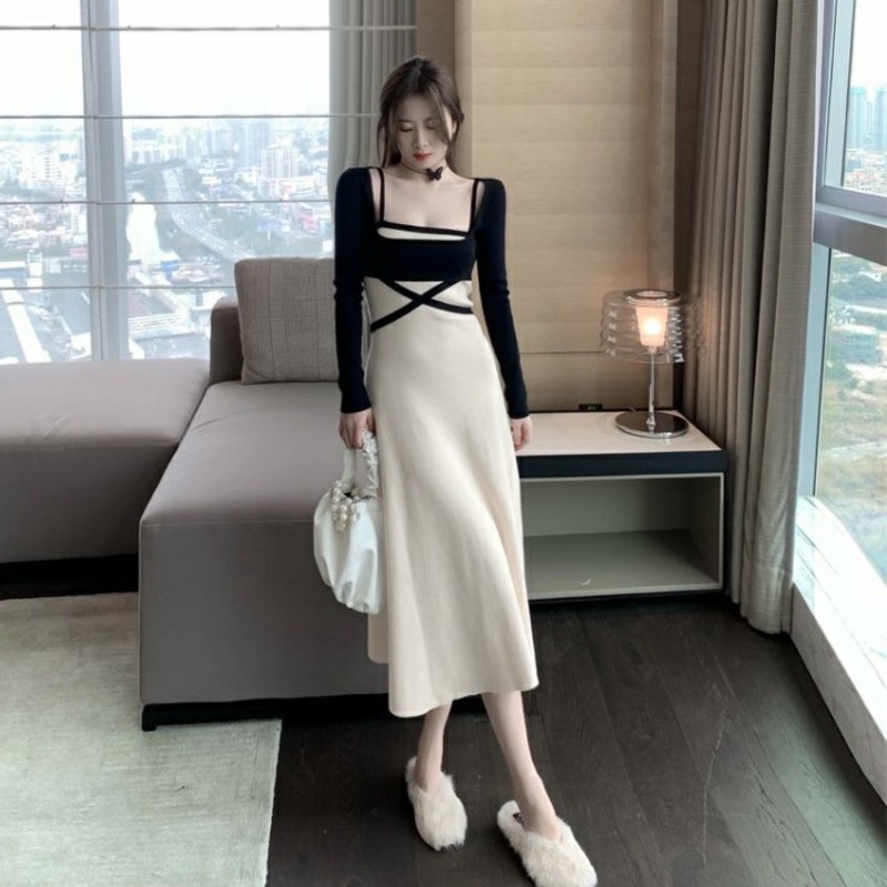 Đầm hai dây dệt kim phối dáng ôm thời trang Pháp cho phái nữ