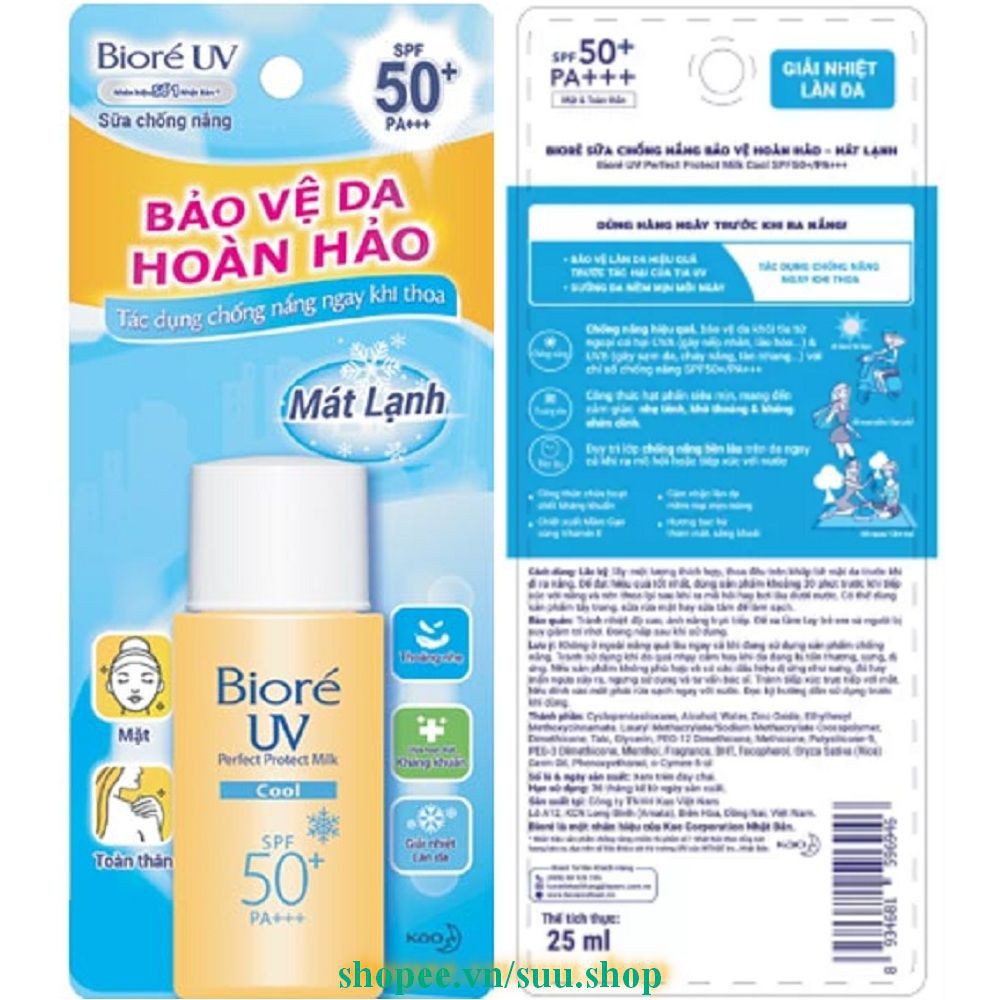 Sữa Chống Nắng 25ml Biore UV Perfect Protect Milk Cool Mát Lạnh SPF50+/PA+++, suu.shop Cam Kết 100% Chính Hãng.k