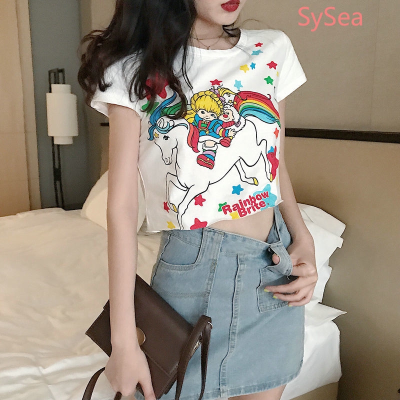 Áo Croptop Tay Ngắn Cổ Tròn Hoạ Tiết Cầu Vồng Đáng Yêu