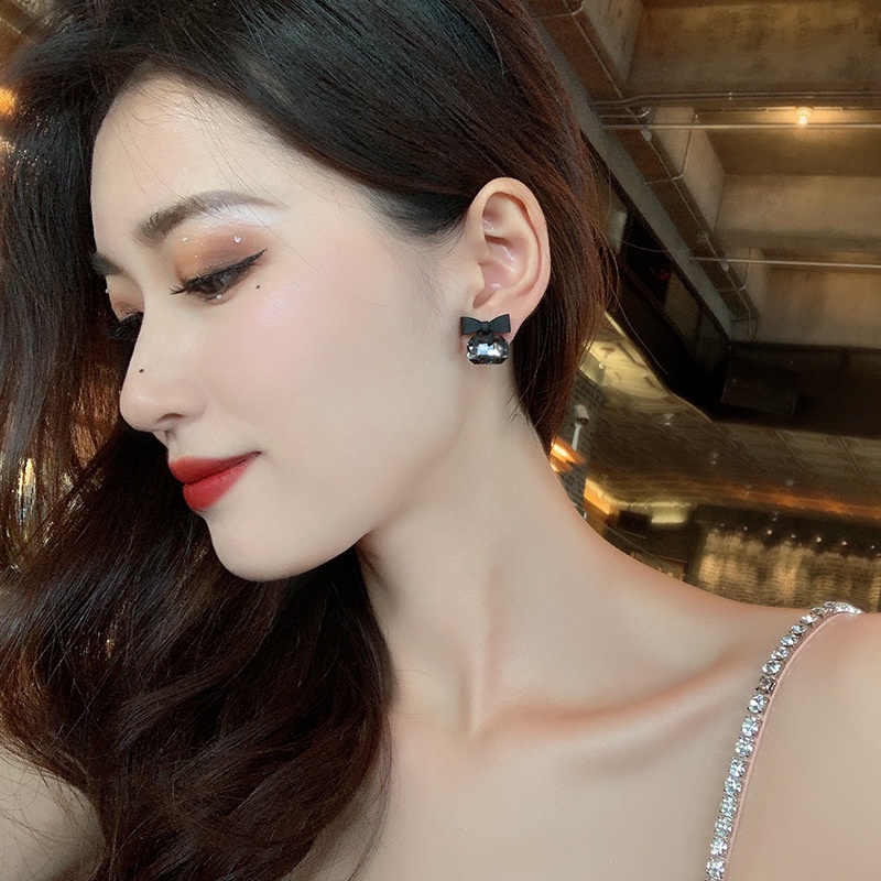 Bông Tai Bạc 925 Hình Nơ Đính Đá Màu Đen Phong Cách Hàn Quốc Thời Trang Cho Nữ