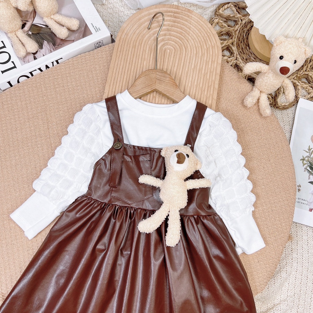 Váy thu đông dài tay cho bé gái, váy yếm da kèm áo cotton tay xốp bồng TĂNG GẤU siêu xinh cho bé