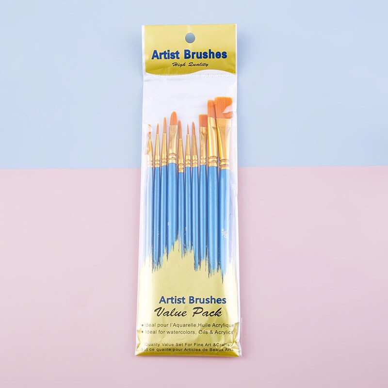 Bộ 10 cọ vẽ tranh màu nước acrylic bằng sợi nylon tay cầm gỗ chất lượng cao