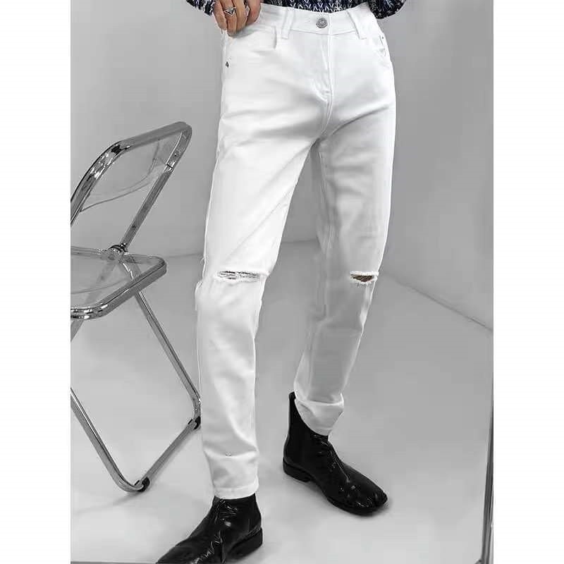 ⚡𝐐𝐔𝐀̀ 𝐒𝐈𝐄̂𝐔 𝐇𝐀̂́𝐏 𝐃𝐀̂̃𝐍⚡Quần jean nam trắng trơn rách gối chất bò co giãn cao cấp ống đứng dáng slimfit đẹp TRENDYSTORE | BigBuy360 - bigbuy360.vn