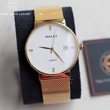 Đồng hồ nam nữ Halei dây thép lưới H688 mặt đen khung vàng cao cấp rất phong cách