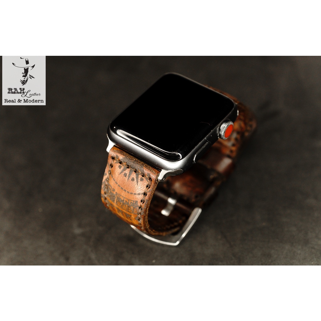 Dây Apple Watch , iWatch , iphone Watch da bò Italia Vegtan cao cấp màu mahogany Trống Đồng Việt Nam RAM Leather