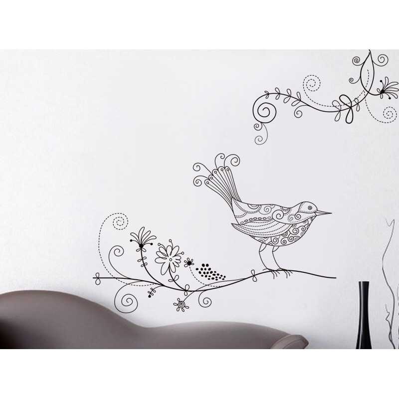 Decal trang trí tường / Kính Cao cấp - Chim hoa văn tinh tế ( 37x58 )
