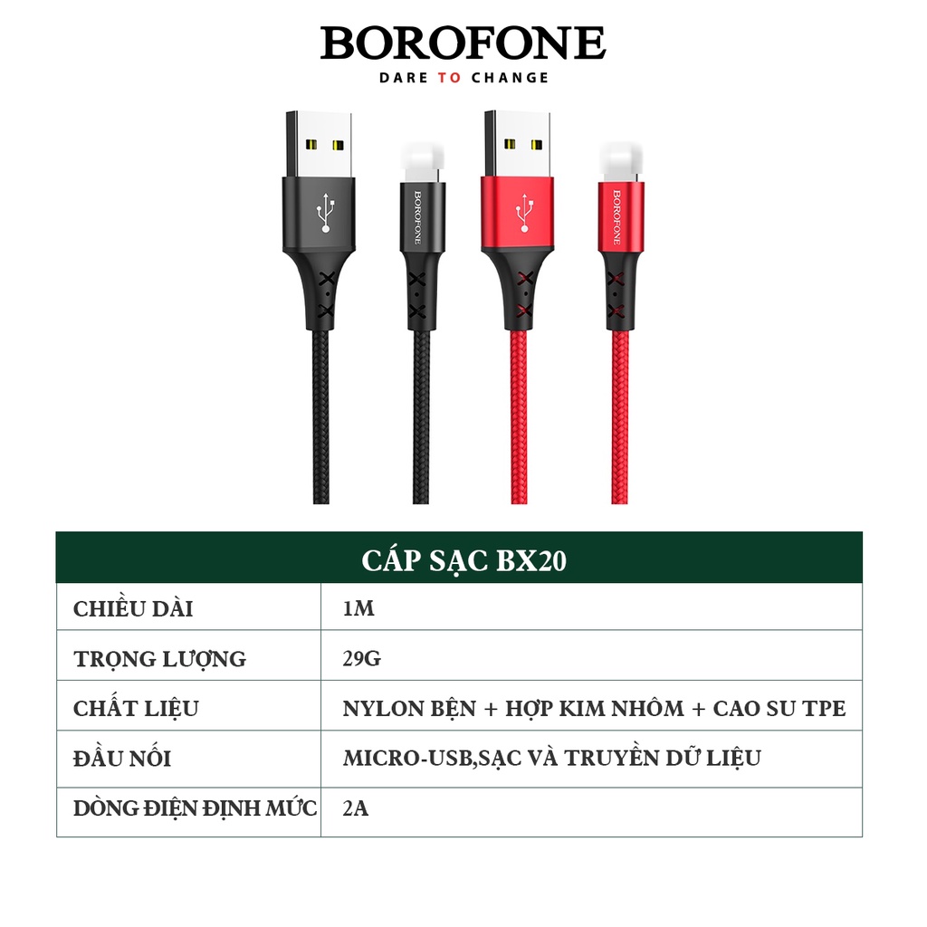 Dây sạc bọc dù độ dài 1m BOROFONE BX20,cáp sạc hỗ trợ sạc nhanh cho điện thoại ip,sam sung,oppo chống đứt không nóng máy