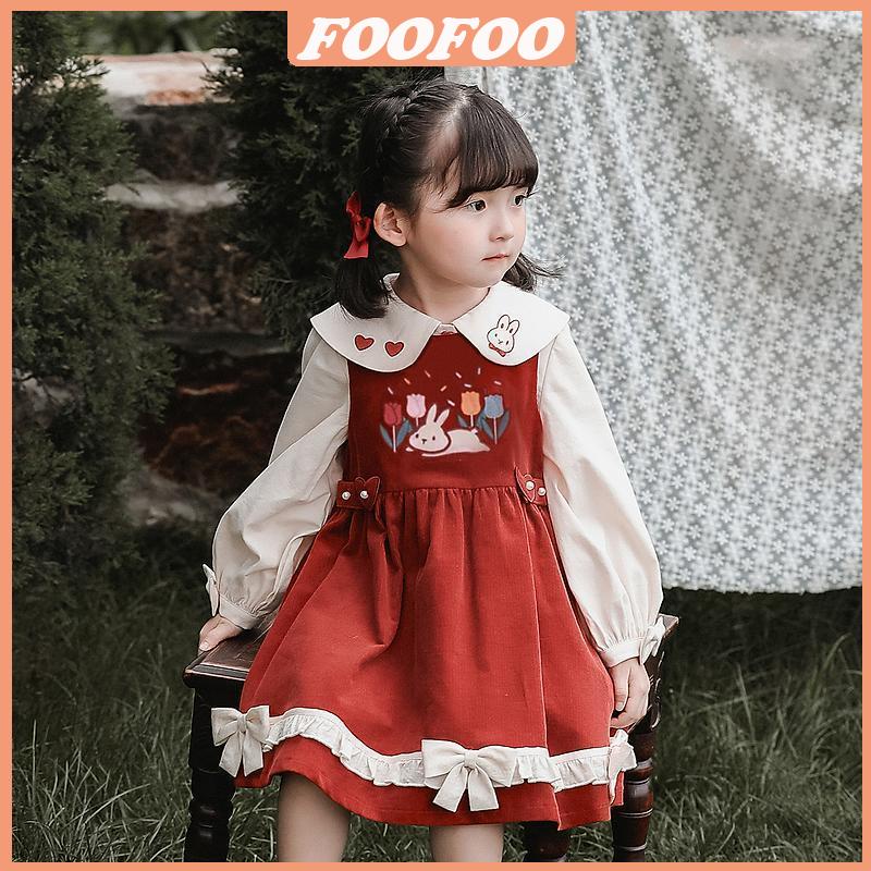 Set Áo Sơ Mi Và Đầm Yếm Màu Đỏ Phong Cách Lolita Mừng Năm Mới Cho Bé Gái