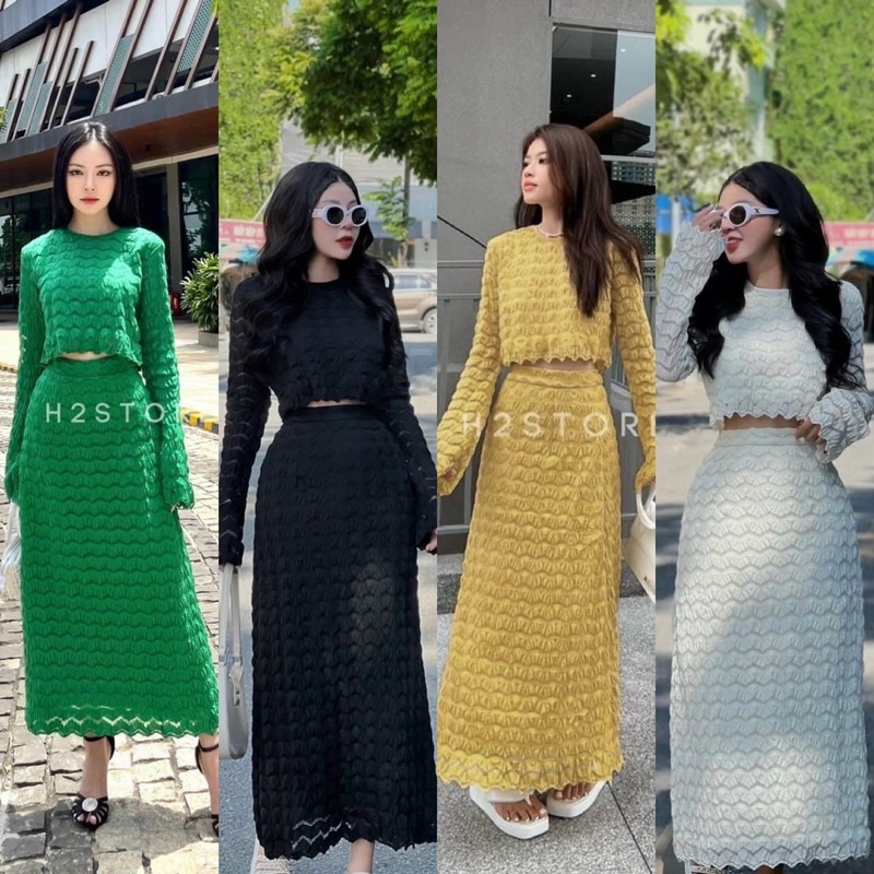Set ren áo croptop tay dài + chân váy suông xanh vàng trắng đen, đầm hotgirl đi chơi dạo phố du lịch sang trọng kín đáo