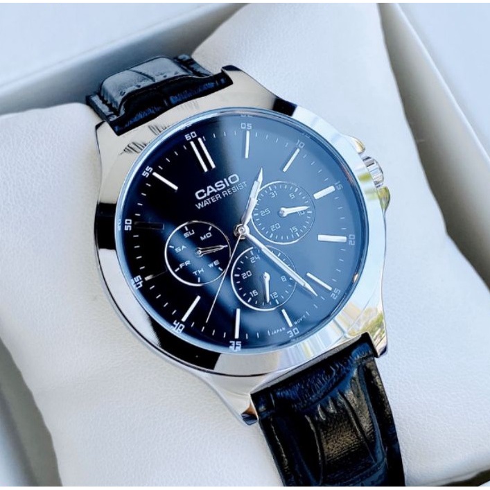 Đồng hồ Nam Casio MTP-V300L-1AVDF, đồng hồ chính hãng, dây DA đen mặt đen, 6 kim