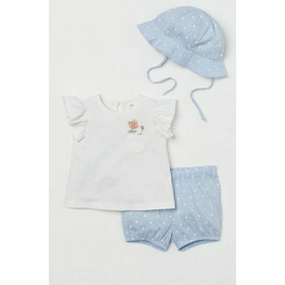 Bộ quần áo cộc kèm mũ cùng tone xanh cho bé gái H.M UK A.uth size 6/9m đến 3/4y