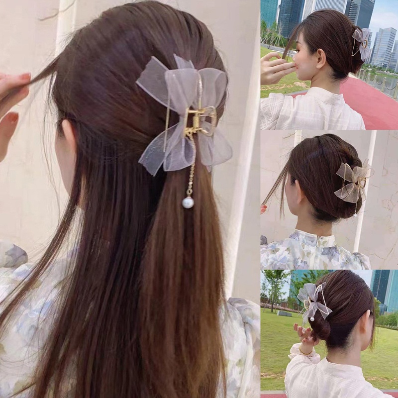 Kẹp Tóc Hình Nơ Bằng Kim Loại Phối Ren Thời Trang