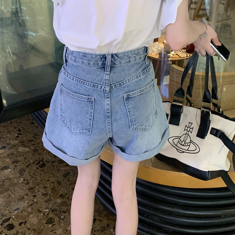 Quần Short Denim Ống Rộng Lưng Cao Thời Trang Dành Cho Nữ