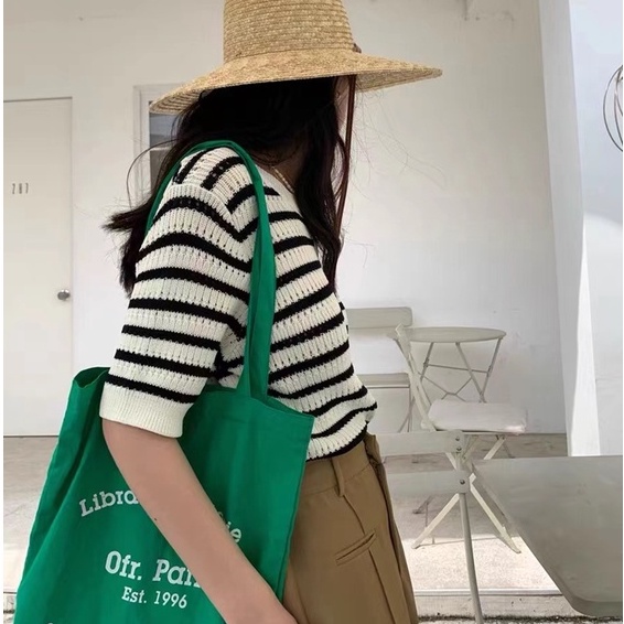 Áo thun ZHELIHANGFEI dệt kim tay ngắn cổ tròn họa tiết kẻ sọc trắng đen dễ thương cho nữ