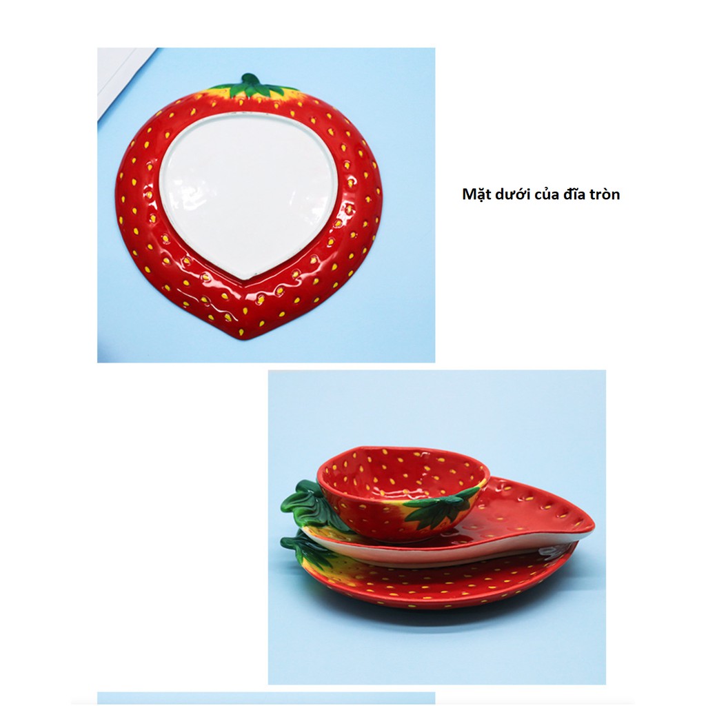 Bát đĩa gốm sứ tráng men hình trái dâu tây đỏ