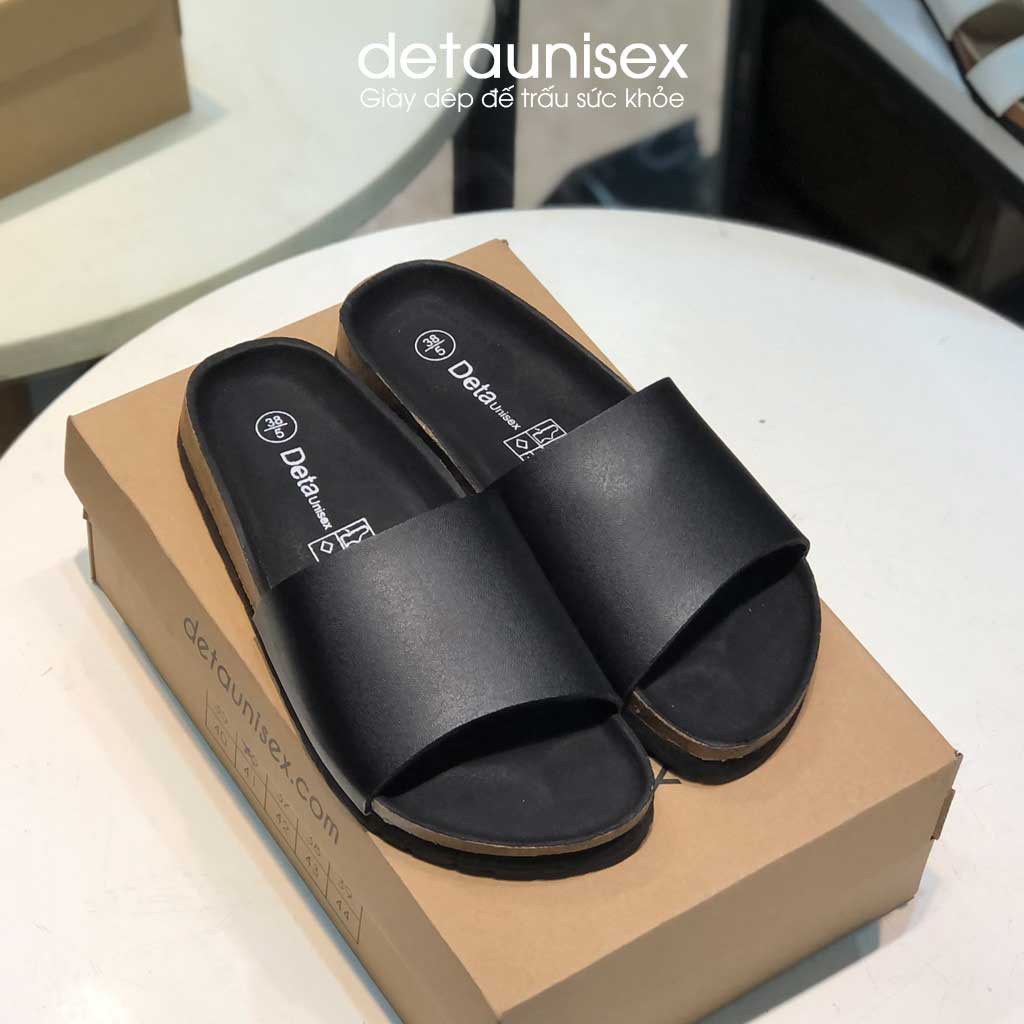 Dép Birken đế trấu nam nữ quai bảng ngang DETAUNISEX màu đen lót đen - DETA12F