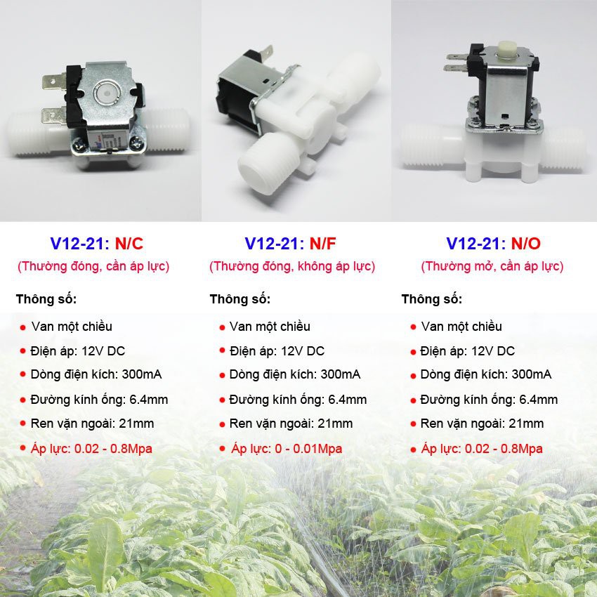 Bộ 4 cái van điện từ phi 21 N/C (Van thường đóng) dùng điện 12V DC VAKS V12-21 (Trắng)