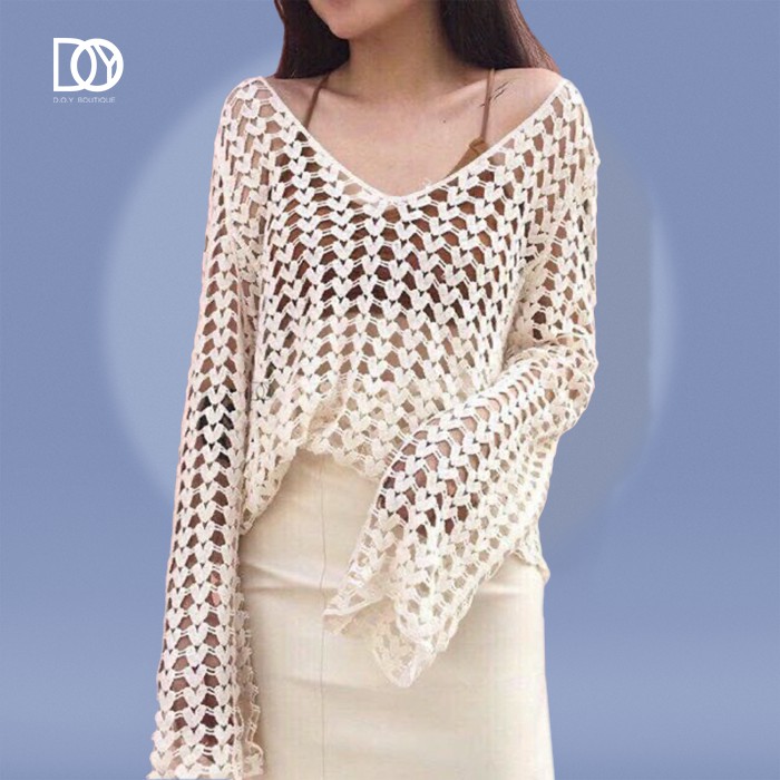 [ ÁO LƯỚI VUÔNG DÀY ĐI BIỂN ] áo len đan lưới đi biển 2 màu trắng - be | BigBuy360 - bigbuy360.vn