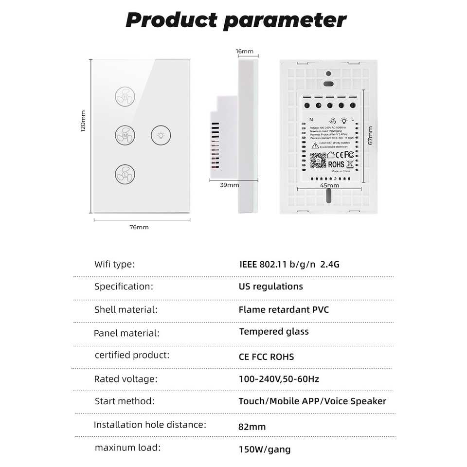 Công tắc thông minh Wifi+RF433 Tuya 1-2-3-4 nút