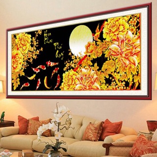 Tranh thêu cá chép ngắm trăng 144x63cm