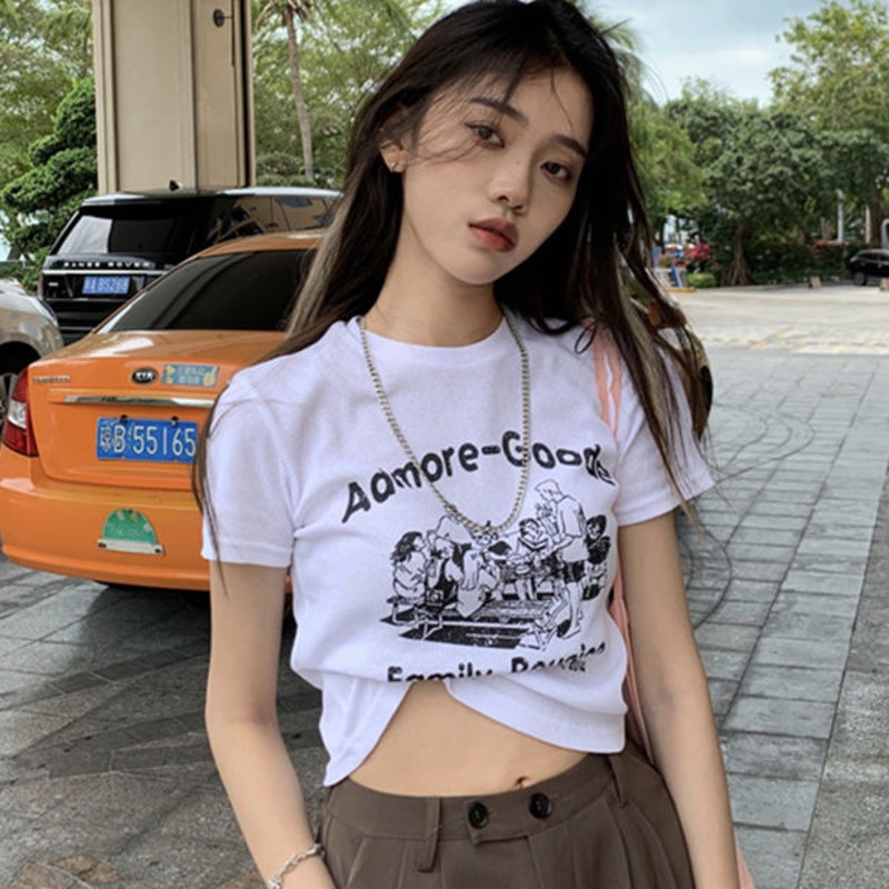 Áo Thun Ngắn Tay Thời Trang Hàn Quốc Cá Tính Áo Thun Cổ Tròn Dáng Rộng In Họa Tiết Đơn Giản Thời Trang