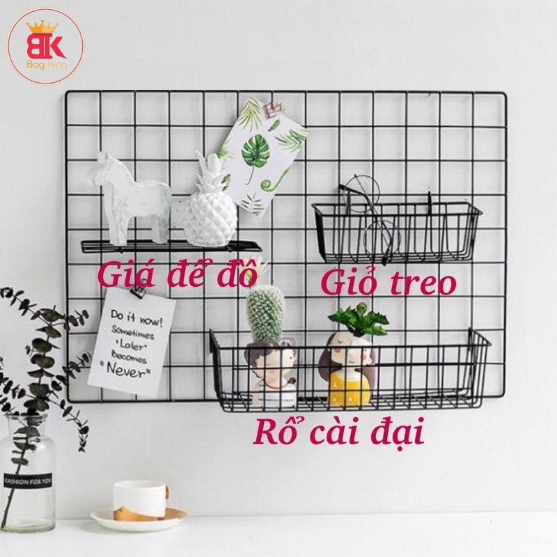 Giỏ Sắt Cài Khung Lưới Trang Trí Đa Năng, Tấm Lưới Sắt Lắp Ghép Decor Phòng Ngủ Phòng Khách, Đèn Led Và Phụ Kiện Decor