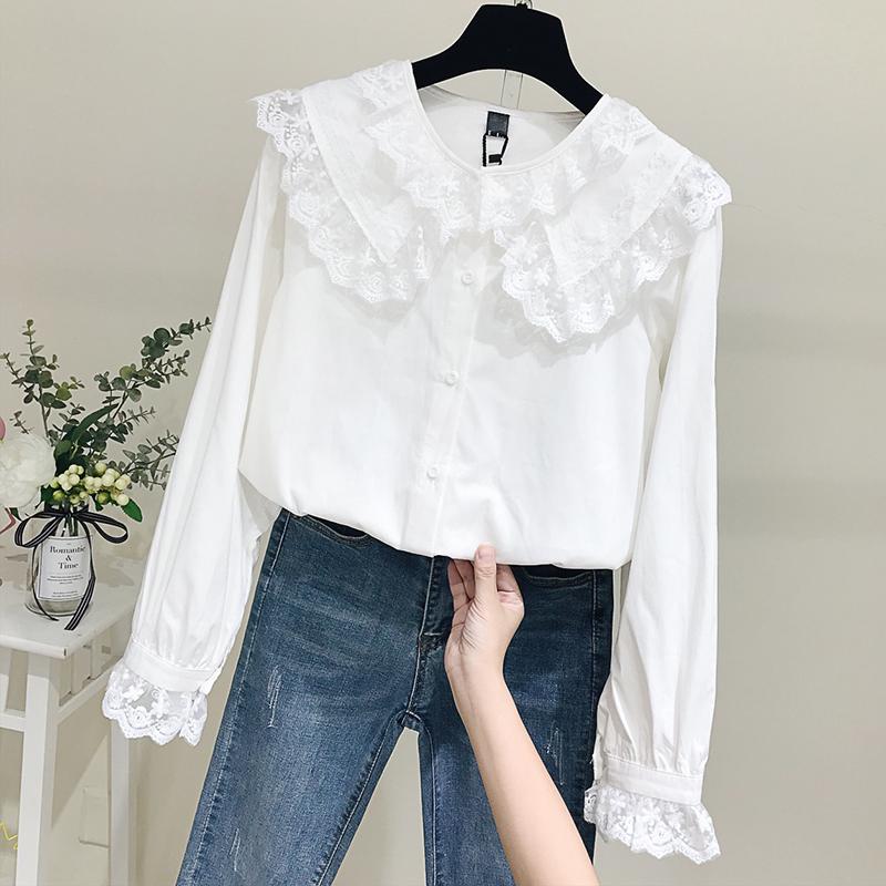SUXI Áo sơ mi kiểu tay dài cổ lá sen phối ren điệu đà và duyên dáng cho nữ