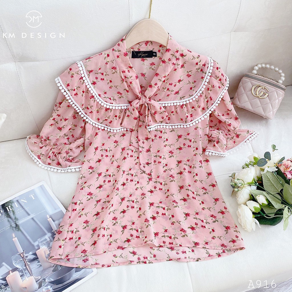 Áo sơ mi hoa cổ viền cách điệu, áo nữ nơ cổ tay bèo A916 KYMIE