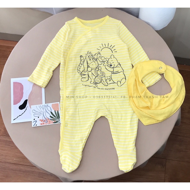 Body liền vớ cotton cho bé - gấu pooh kẻ vàng