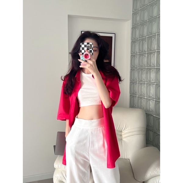 Áo Sơ Mi Nữ/ Váy Sơ Mi Tay Ngắn Dáng Rộng Hàn Quốc Trendy Màu Hồng Hot Pink Xanh Pastel - Minipie