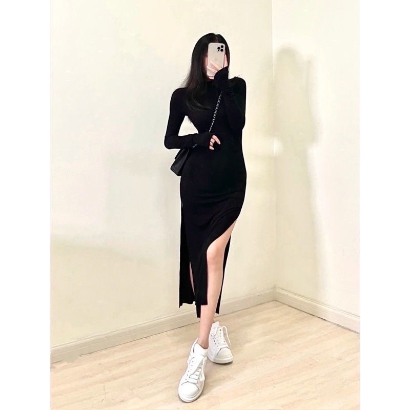 Đầm Body Tay Dài Xẻ Tà Style Ulzzang Chất Thun Bozip (ảnh thật sàn)✨