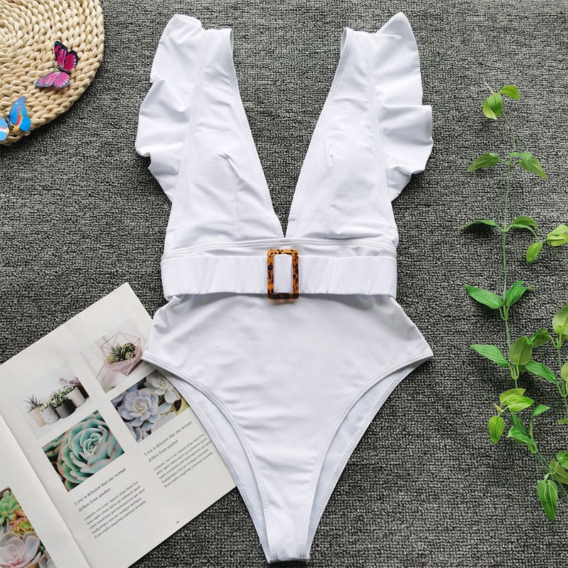 Xiangbao Bikini Không Tay Nhún Bèo Cổ Chữ V Sâu Hở Lưng Màu Trơn Eo Cao Có Khóa Cài Cho Nữ