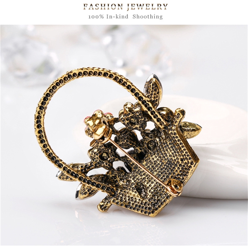 Huy hiệu cài áo hình giỏ hoa đính đá sang trọng cho nữ