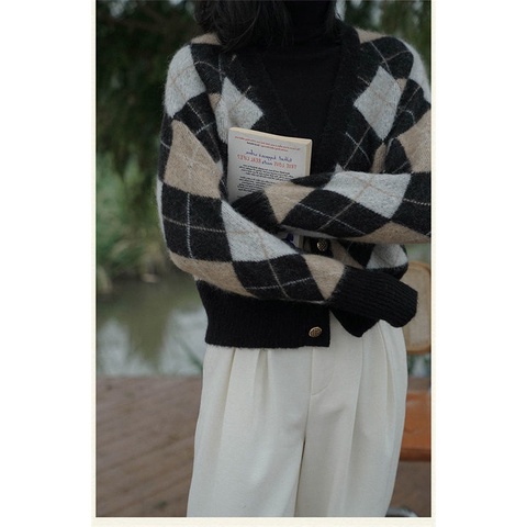 Áo khoác cardigan dệt kim dáng ngắn họa tiết vân kim cương kiểu Pháp retro dễ thương cho nữ