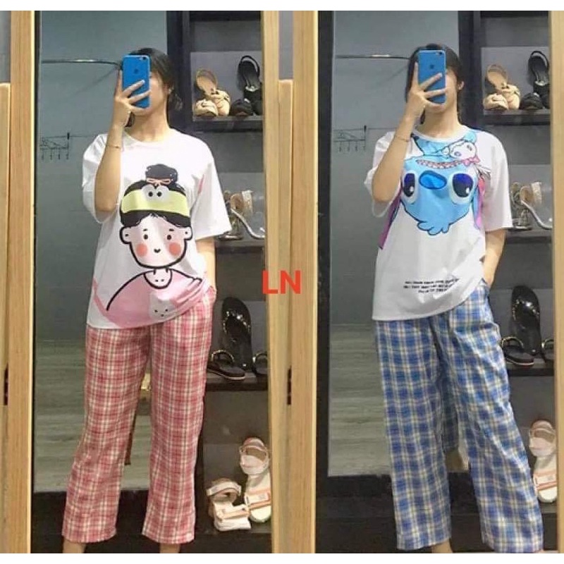 Sét áo phông 3D và quần kẻ xanh hồng LN11