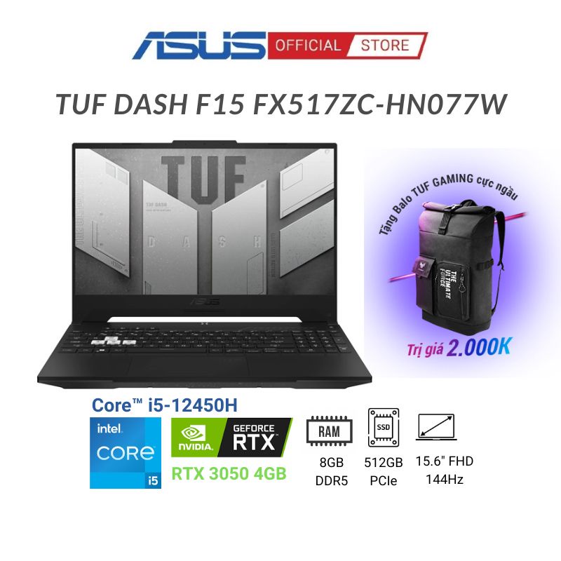 Laptop Asus TUF Dash F15 FX517ZC-HN077W (Core™ i5-12450H + RTX™ 3050 4GB)