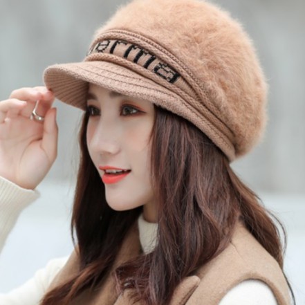 Mũ bê rê len lông thỏ phong cách Hàn, mũ len lưỡi trai thời trang