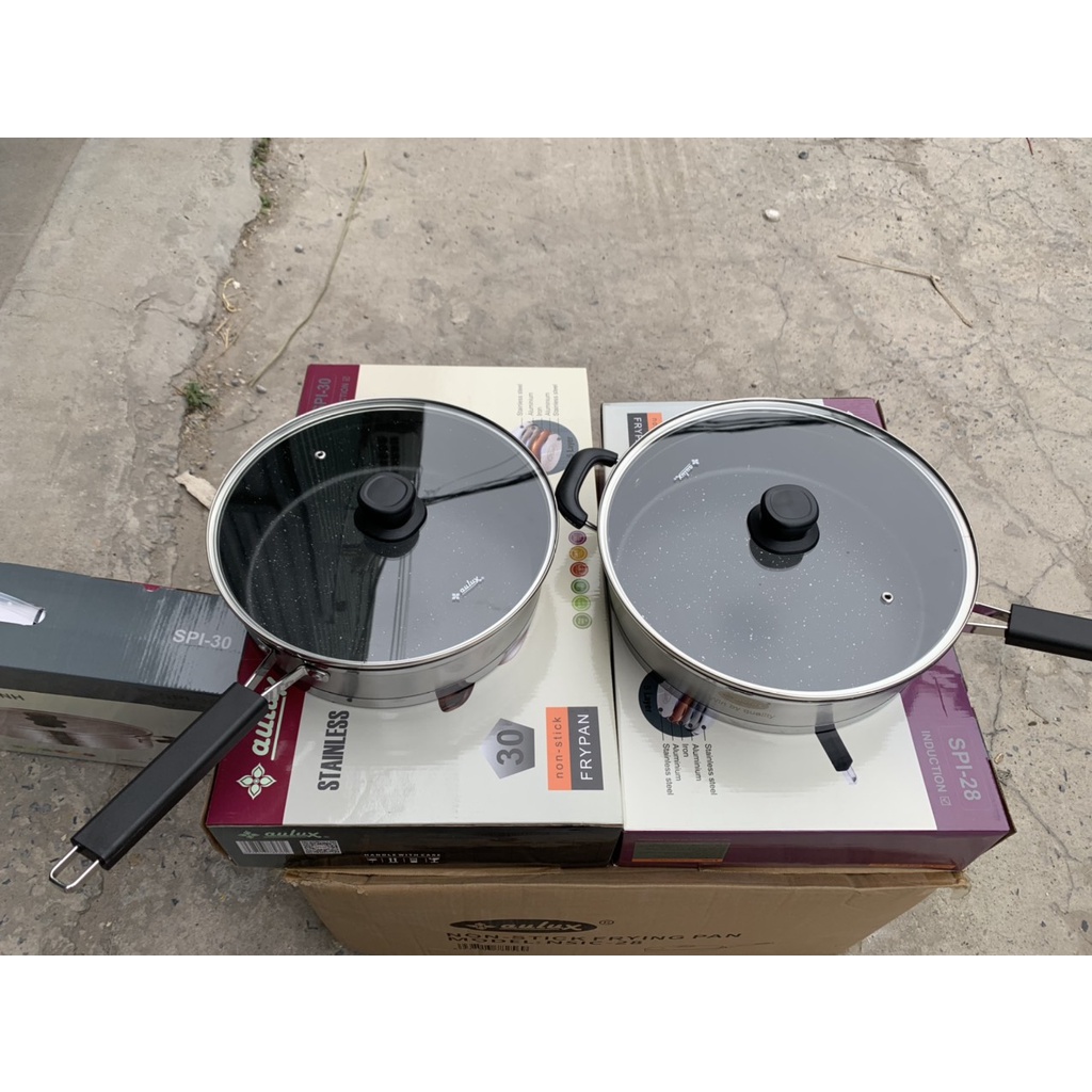 CHẢO INOX ĐÁY TỪ AULUX 28-30CM- CHỐNG DÍNH VÂN ĐÁ - 5 ĐÁY - LÒNG CHẢO PHẲNG -CÓ NẮP KÍNH
