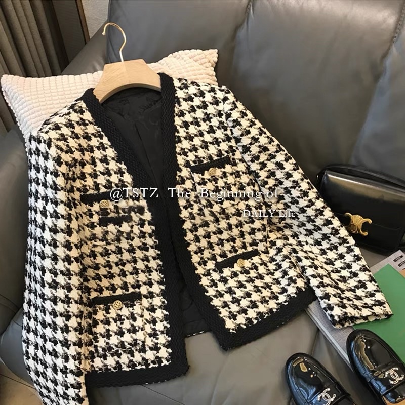 Áo dạ Tweed kẻ caro tiểu thư áo cardigan dạ dày dặn