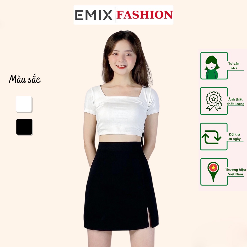 Set mix 2 món đồ : áo croptop cổ vuông và chân váy chữ A xẻ bên EMIX, basic, ôm dáng, chất thun, tuyết mưa, loại đẹp