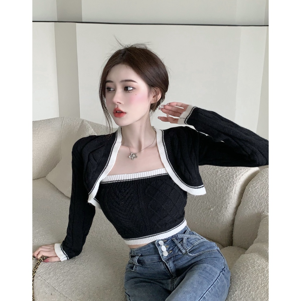 Áo cardigan / Áo Ống Màu Trắng Đen Thời Trang Phong Cách Hàn Quốc