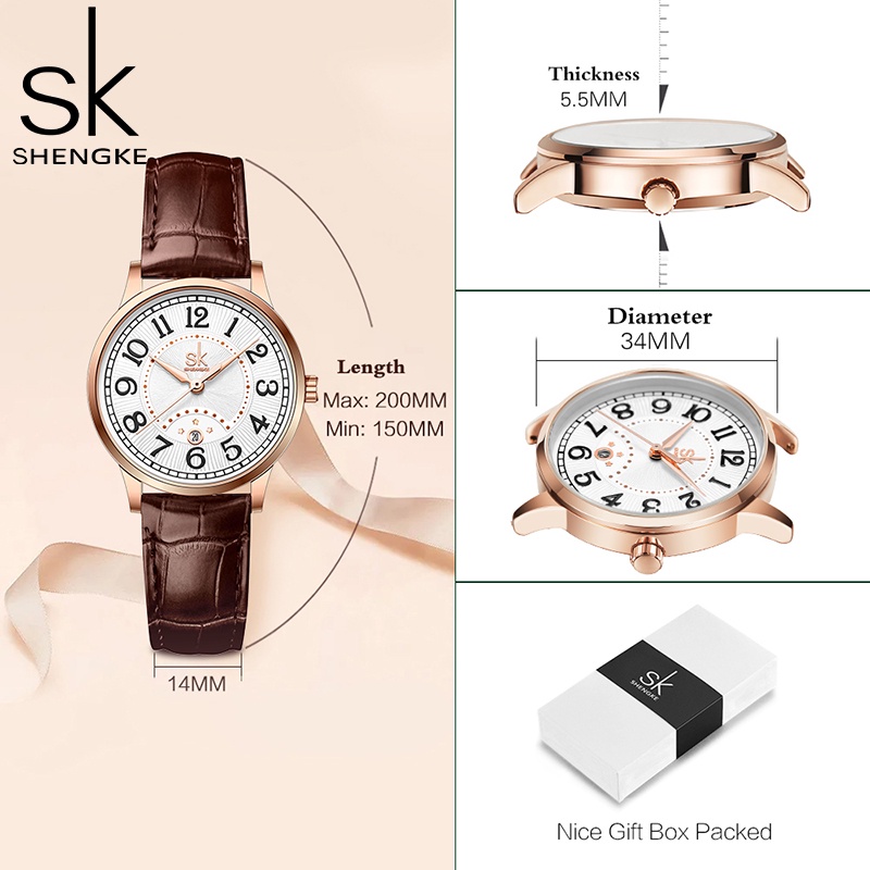 Đồng hồ SHENGKE K0150 dây da êm tay mặt nhỏ xinh xắn thời trang cho nữ