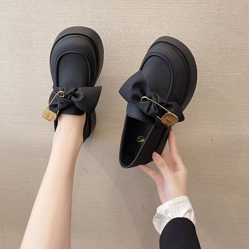 2023 Giày Da Mũi Tròn Thắt Nơ Phong Cách Retro Hàn Quốc Dành Cho Nữ Mary Jane Giày đế bệt