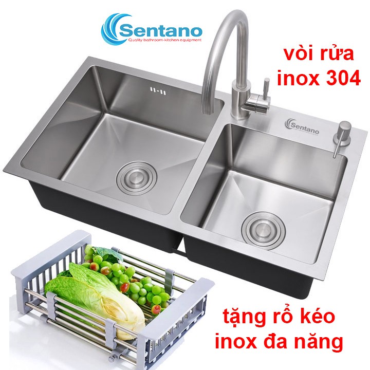 ✓Combo Chậu rửa chén đúc 2 hộc LỆCH 82x45cm inox 304 GIÁ RẺ, Vòi lạnh ống phi 24 tròn, rổ đa năng