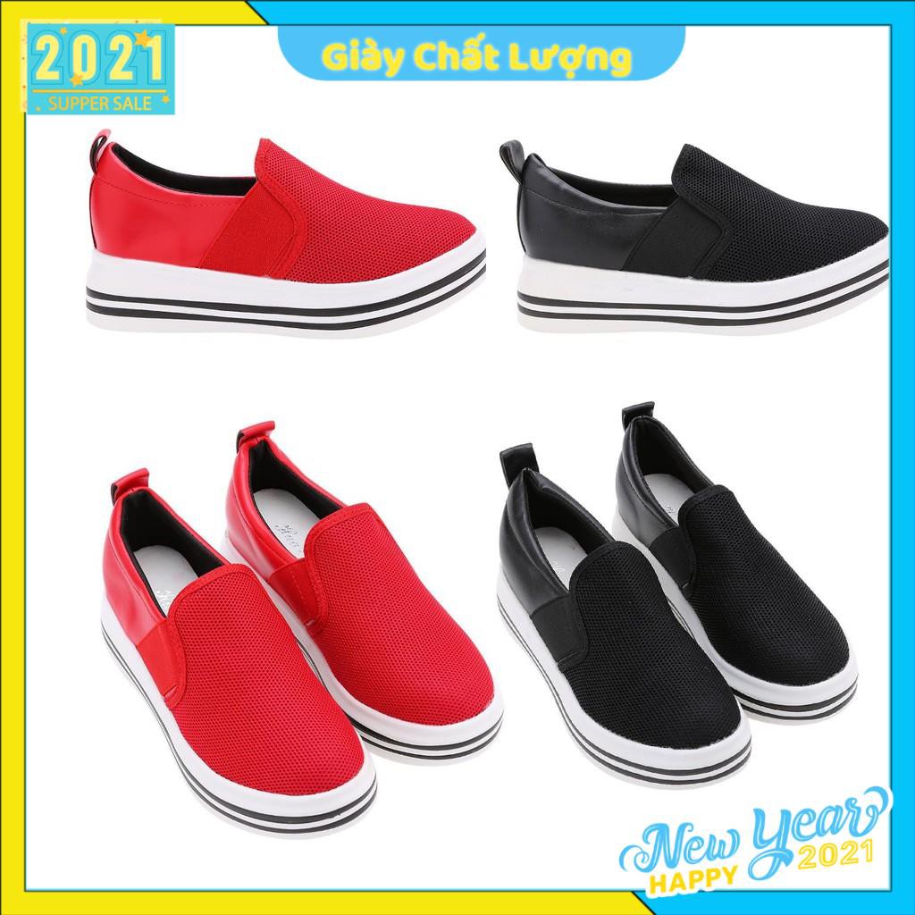 [FREE SHIP] Giày slip on giày độn đế tăng chiều cao nữ vạch kẻ đế mới nhất (đen, đỏ)