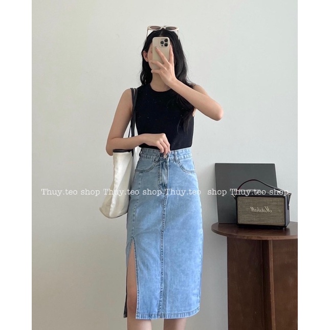 [Hàng mới] CHÂN VÁY JEAN DÀI XẺ ĐÙI CHÂN VÁY BÒ DÀY ĐẸP
