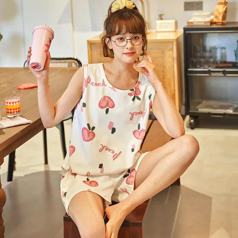 Bộ cotton mặc nhà Quảng Châu cao cấp áo ba lỗ quần caro đùi co giãn 4 chiều