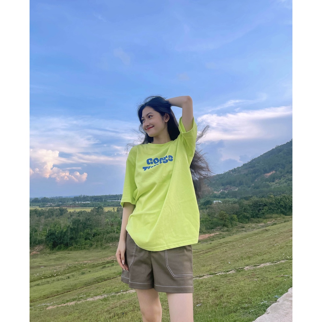 Áo thun cotton nữ form rộng in chữ Good Things thời trang GAGO màu xanh neon GA3918
