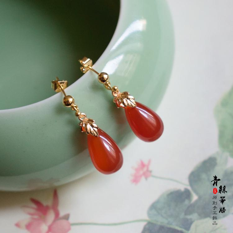 Đôi Bông Tai Mạ Vàng 18K Đính Đá Mã Não Đỏ Hình Giọt Nước Đơn Giản