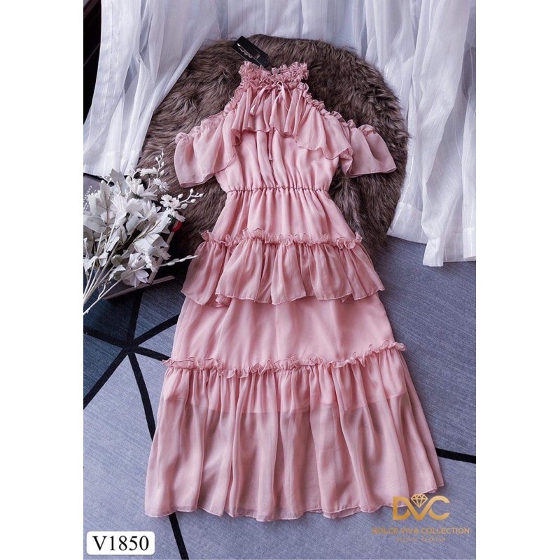 V1850 - váy cổ yếm màu hồng
